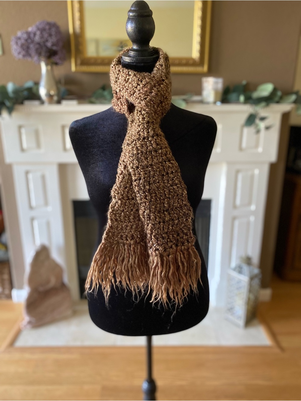 Textured Brown Crochet Fringe Scarf - Women's Winter Wrap